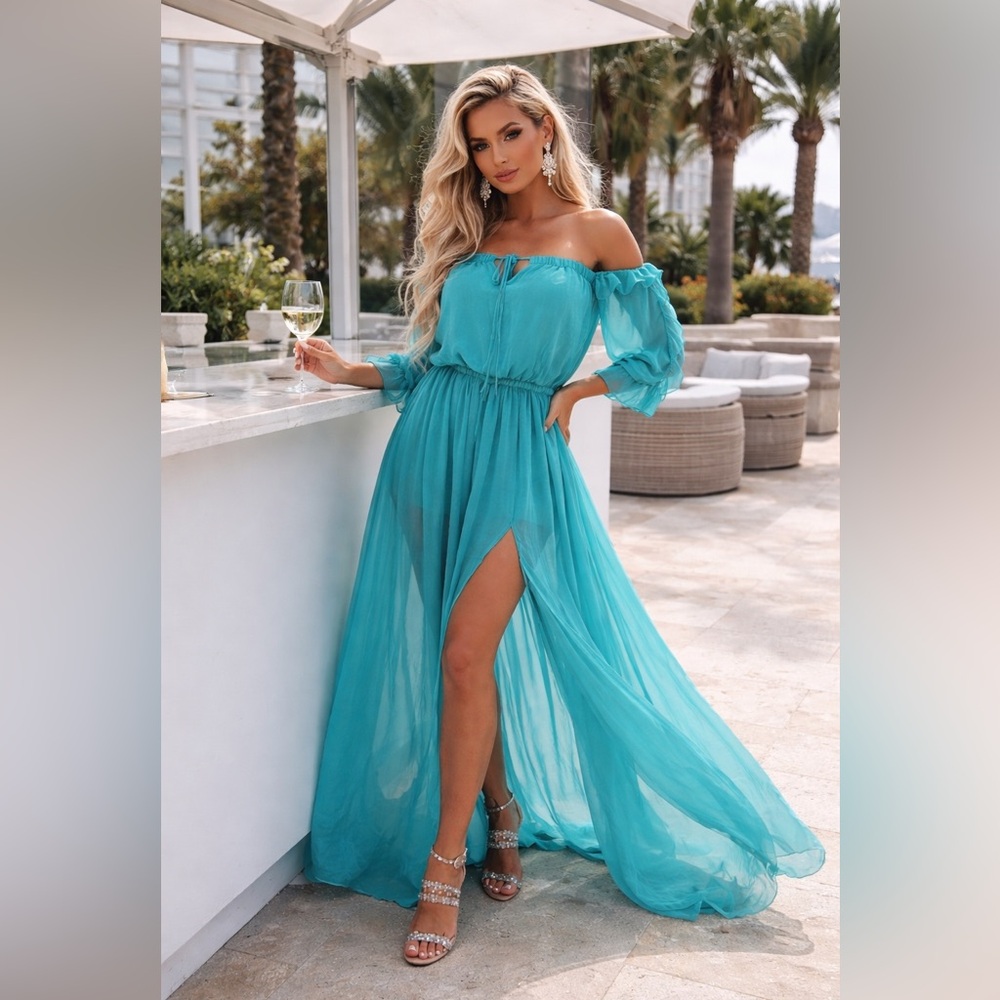 Women's Summer Maxi Dress A Line Flare Off Shoulder Half‎ Sleeves M